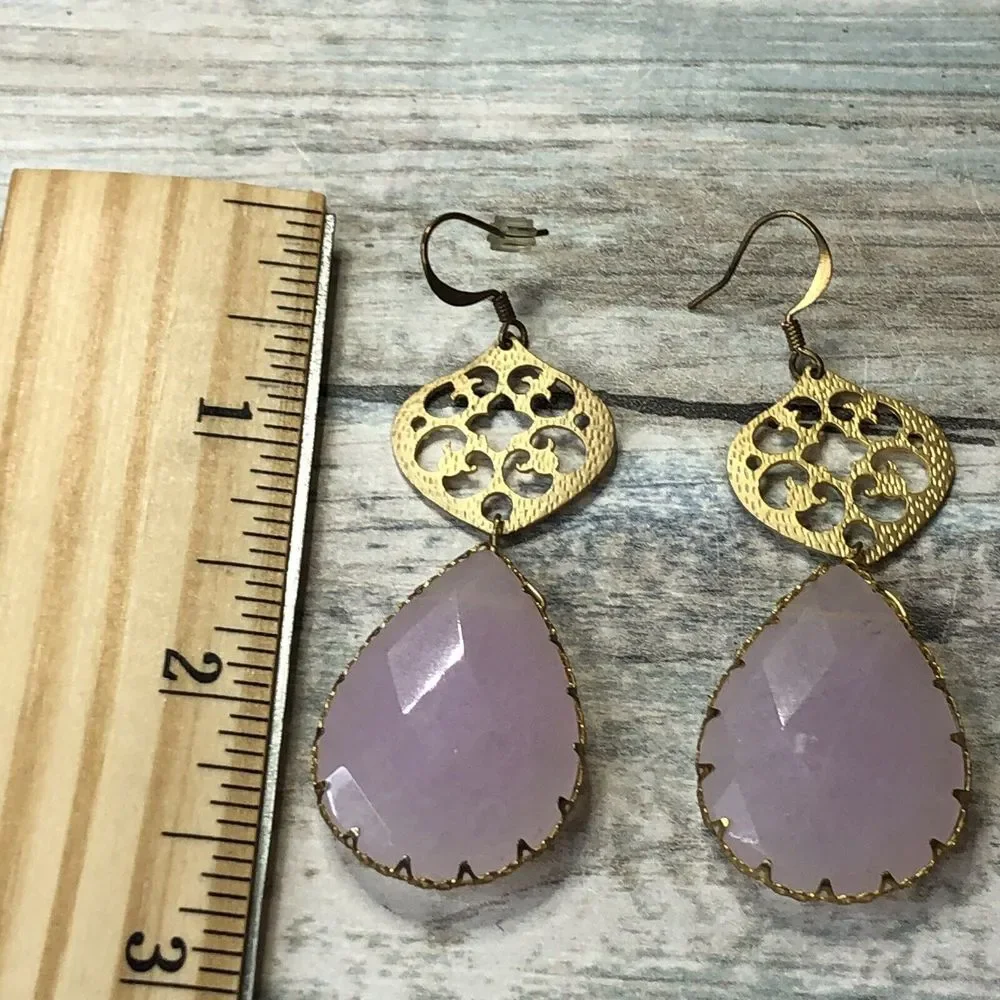 Pink Jadeite Gold Tone Filigree Earrings Dangle Drop‎